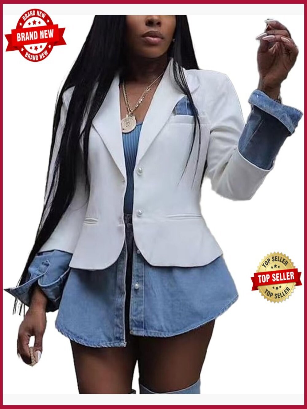 Women's Denim Patchwork Blazer Jacket Long Sleeve Lapel Button Down Casual